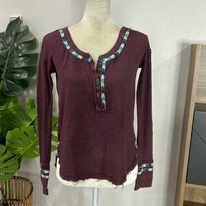 Free peoplele rainbow embroidered Henley thermal long sleeve